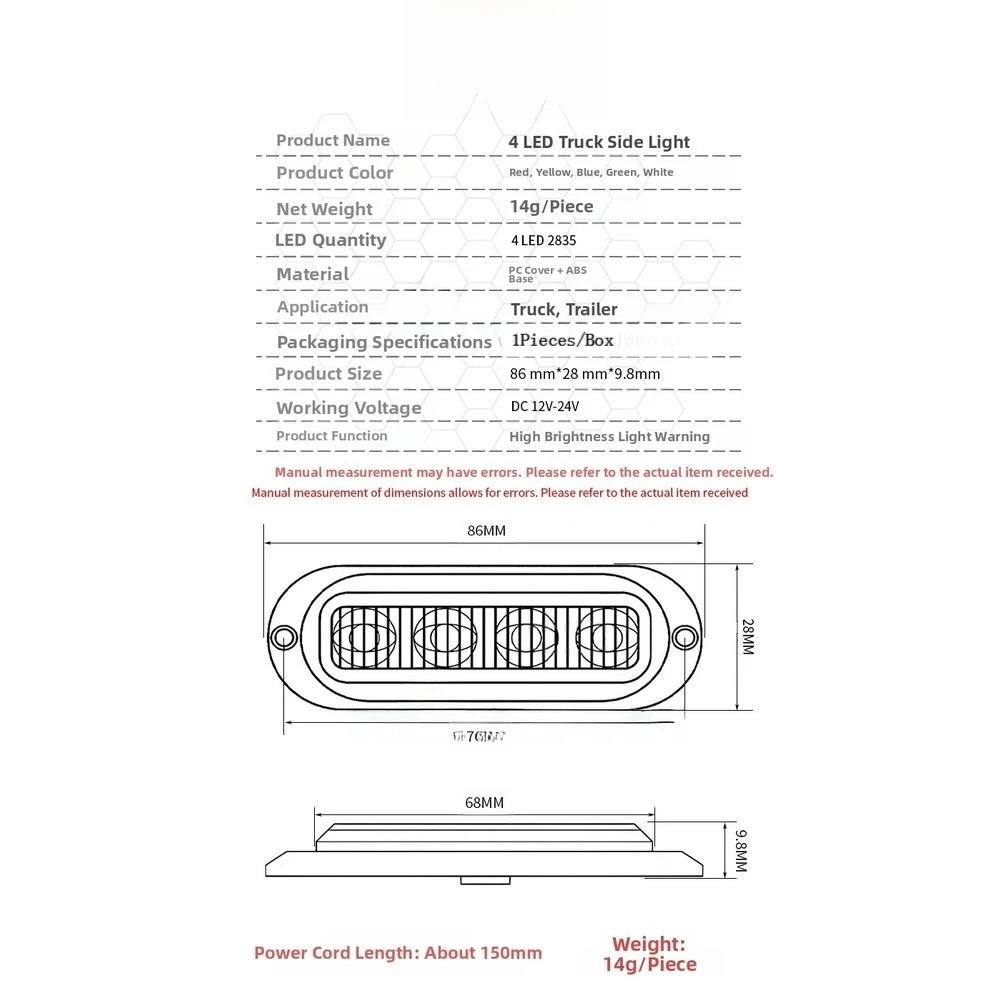 Side Marker Lights 0.06A Current 30000 Hours Lifespan Compact Dimensions