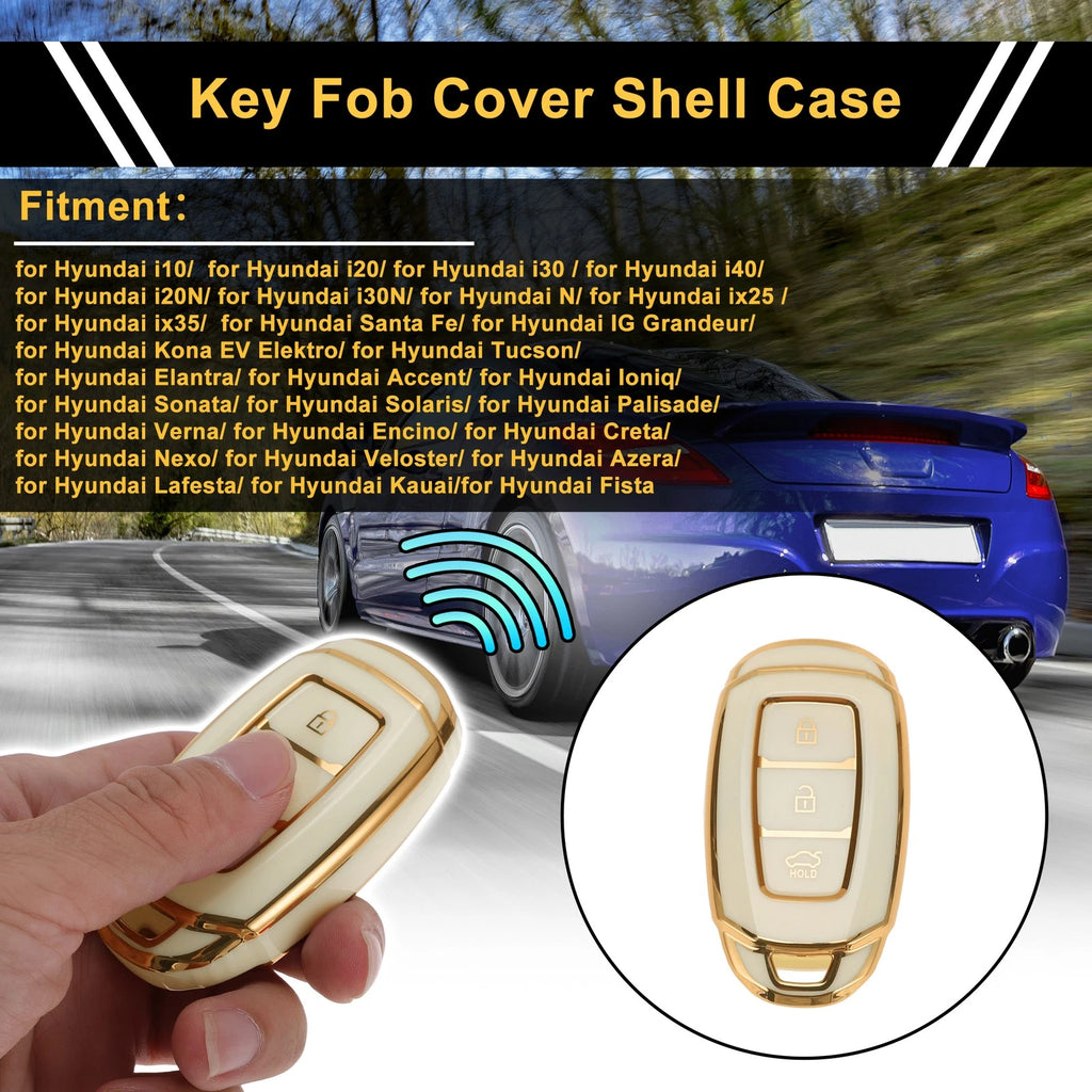 Car Key Case White Gold Edge for Hyundai i10 (3 Buttons) (2014–2019)