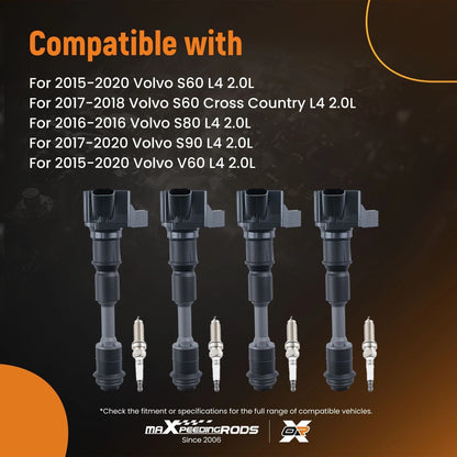 4X Ignition Coil + 4X Iridium Spark Plug for Volvo L4 2.0L (2015–2021)