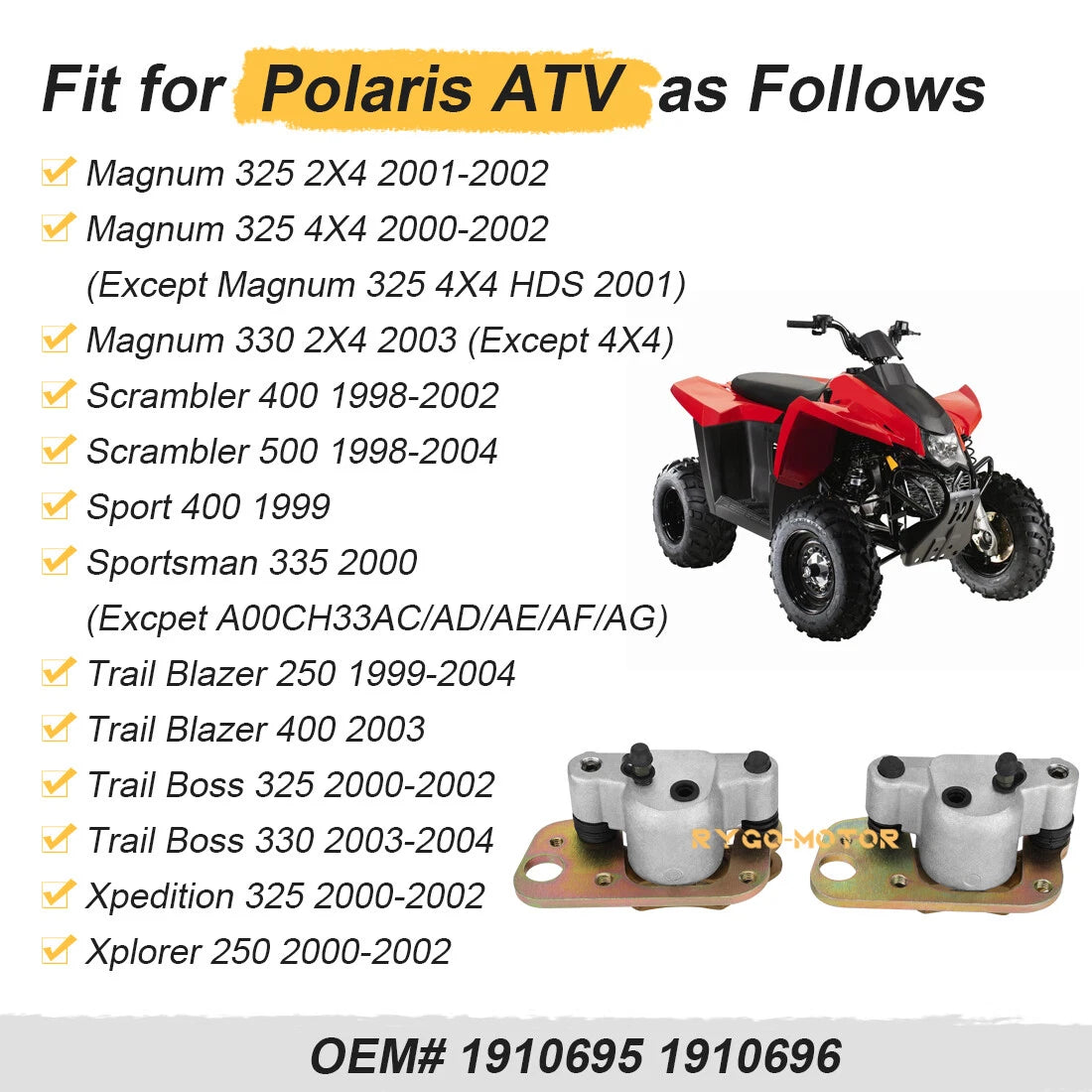 Front Brake Calipers & Pads for Polaris Scrambler 400 500 (1998–2004) ATV