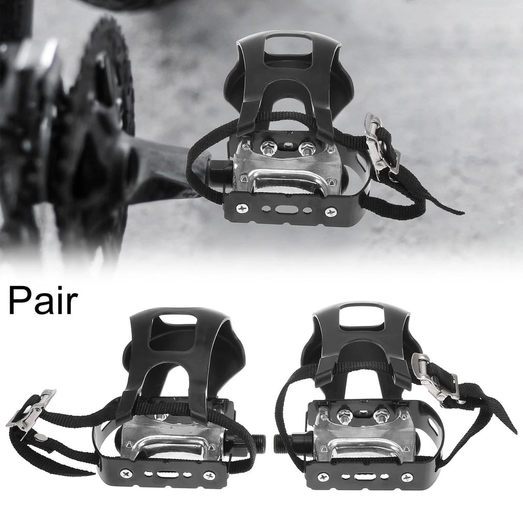Road Bike Pedals 9/16 Platform with Toe Clips and Fixed Straps Pair