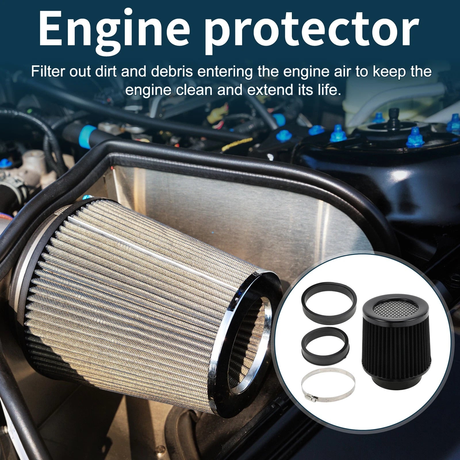 High Flow Engine Air Filter with Clamp & 2 Reducing Rings for