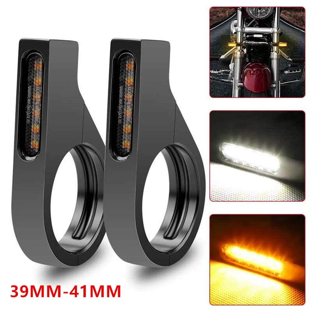 2Pcs LED Turn Signal Light for Motorcycle (39mm-41mm Fork Tubes Clamp)