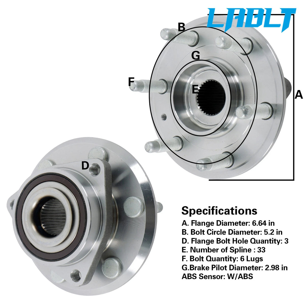 Front Wheel Hub Bearing Assembly W/ABS 6 Lugs for GMC Acadia, Buick Enclave (2007–2016)