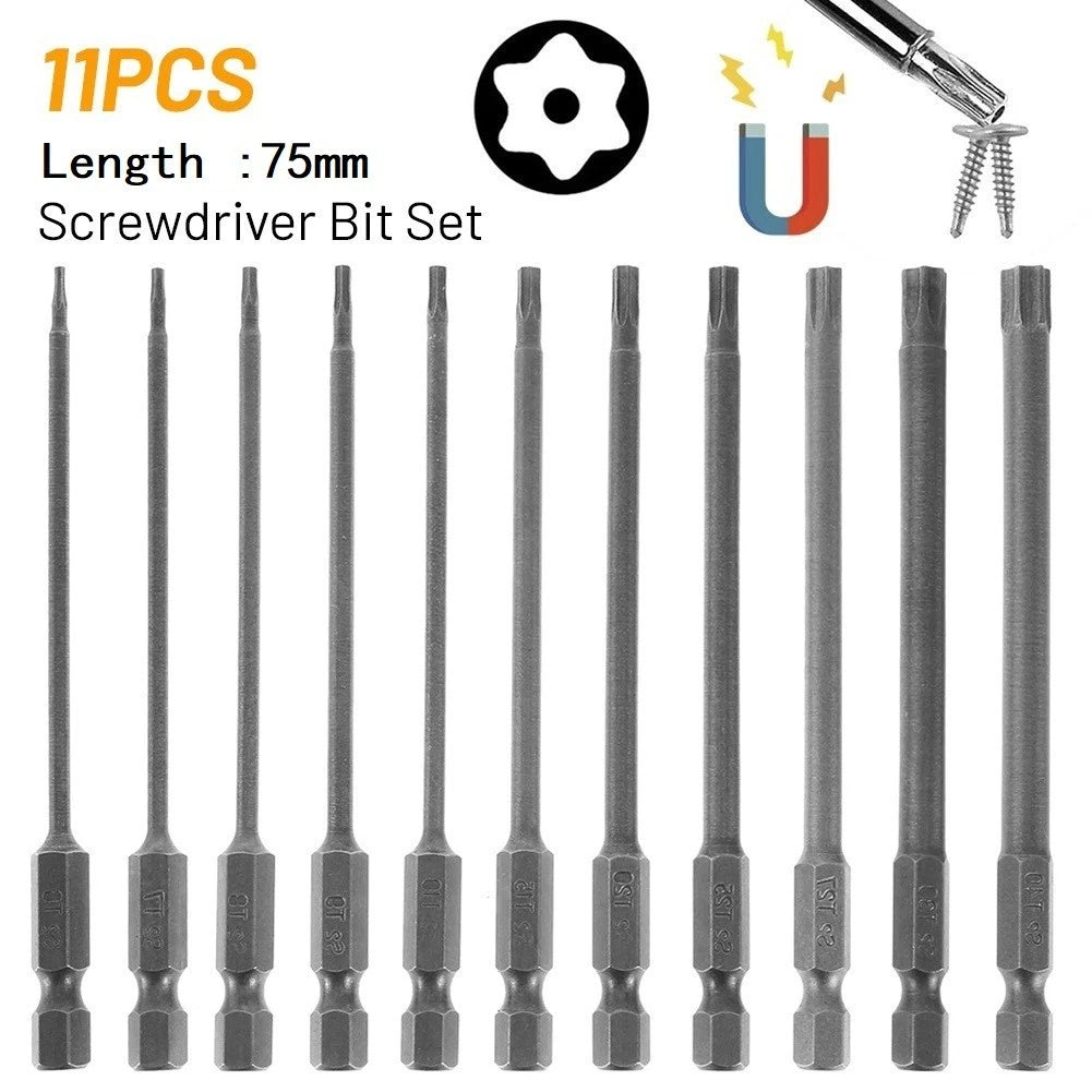 11pcs Set Torx Screwdriver Bits Magnetic Head Extra Long 75MM