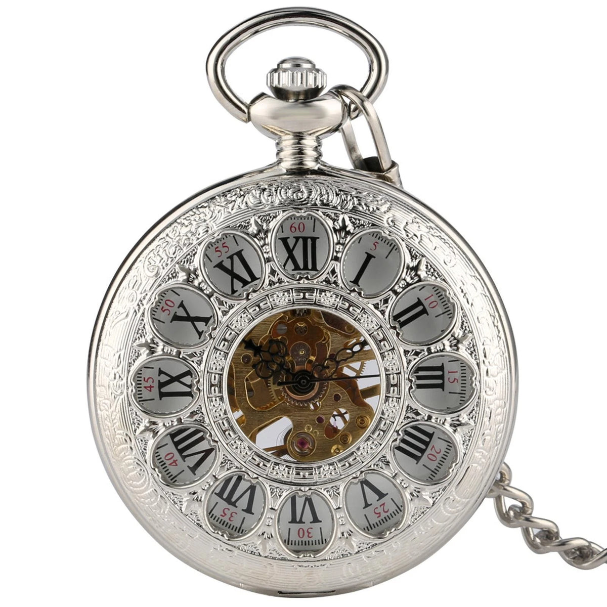 Silver Pocket Watch with Chain Hand-winding Mechanical Movement