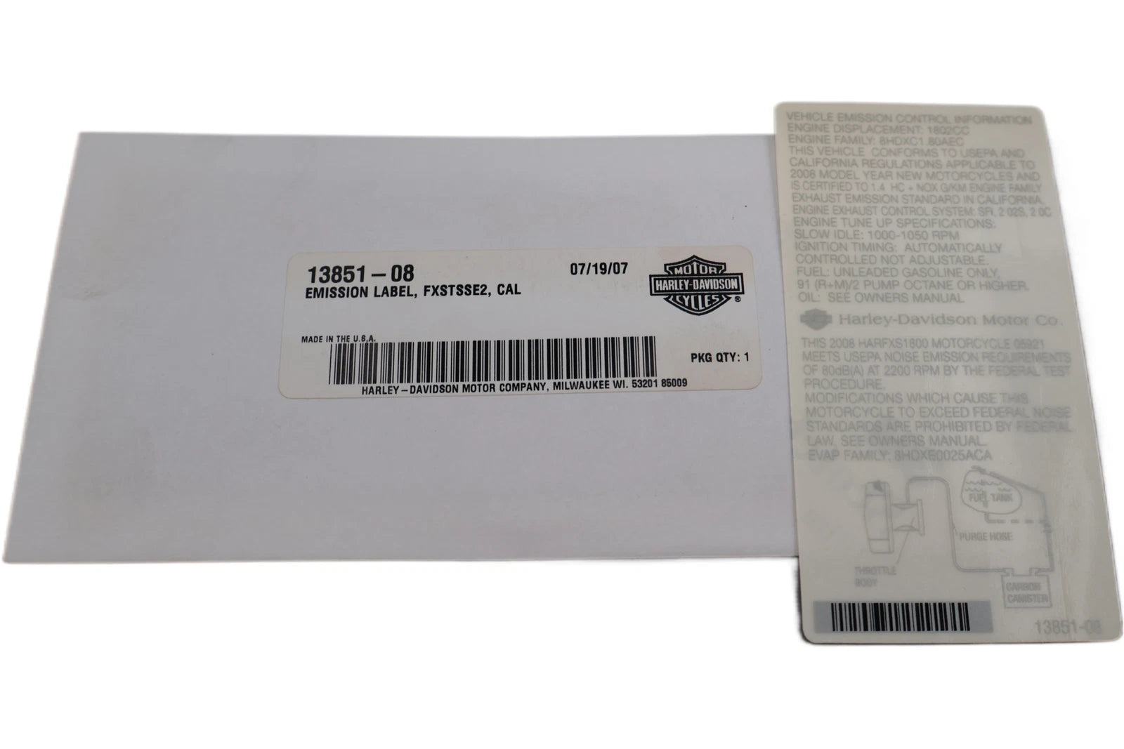 OEM Emissions Label for Harley-Davidson FXSTSSE2 (2008) 13851-08