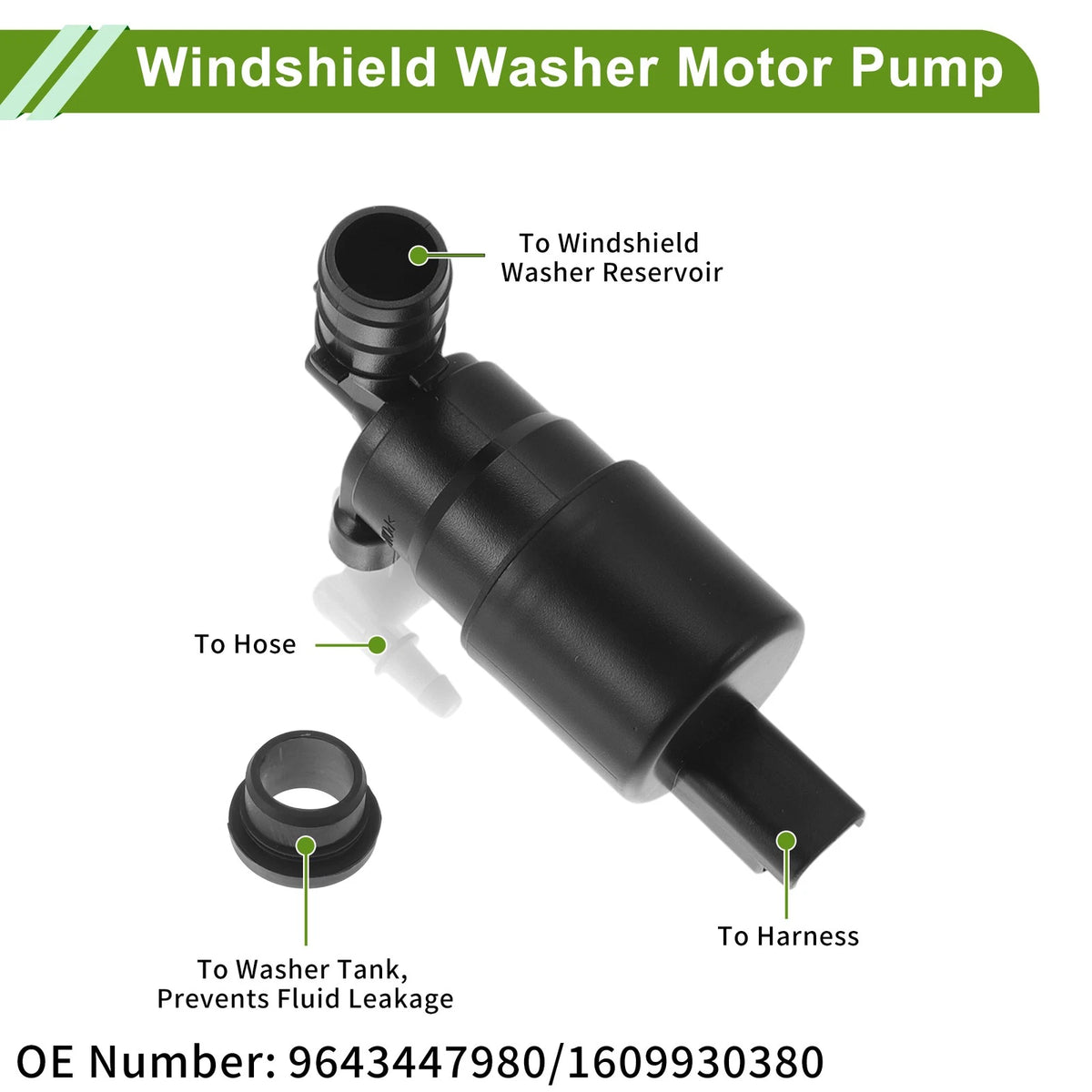 Windshield Washer Pump w/Grommet for Peugeot (No. 9643447980)