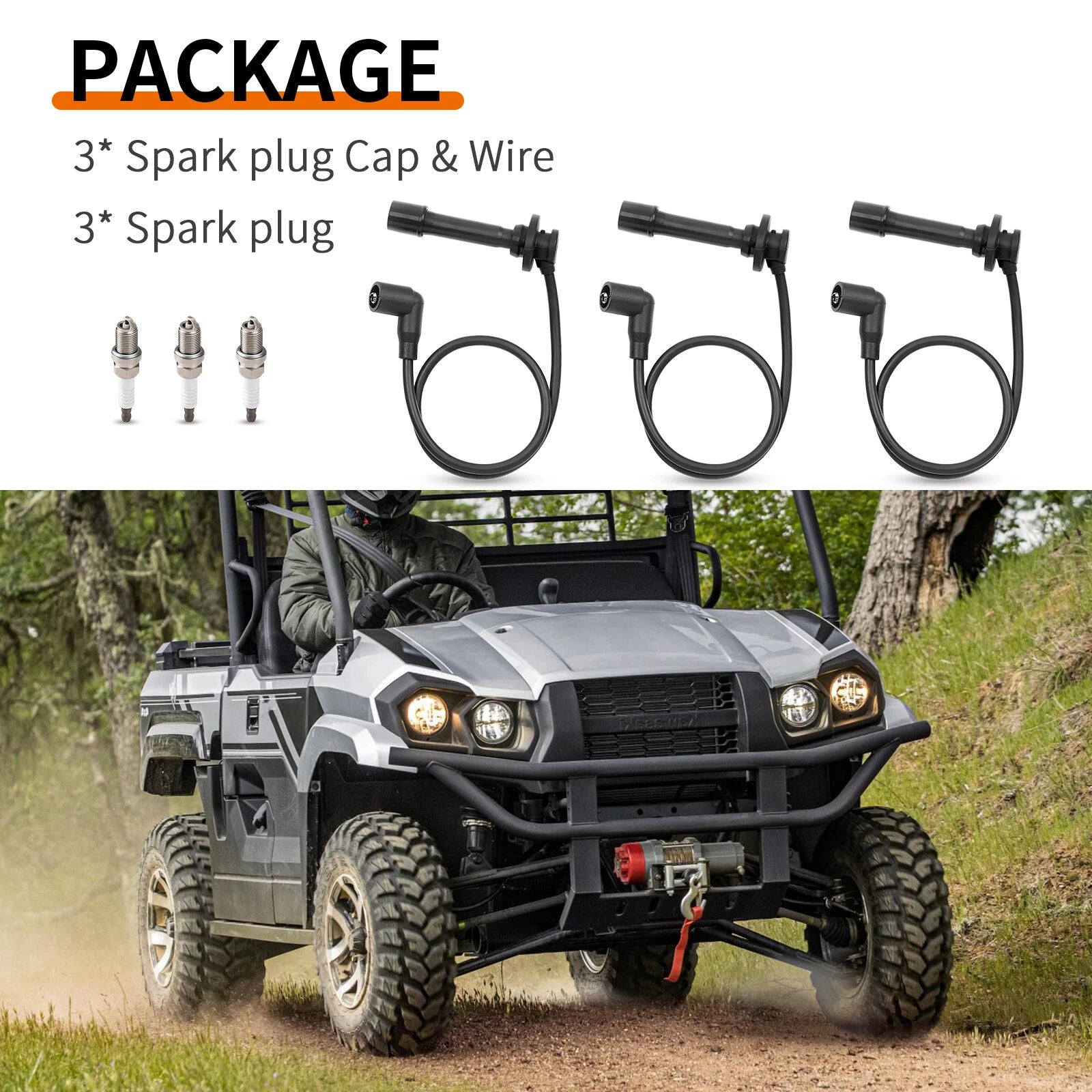 Spark Plug & Cap Wire Kit for Kawasaki Mule PRO-FX PRO-FXR PRO-FXT (2016–2023)
