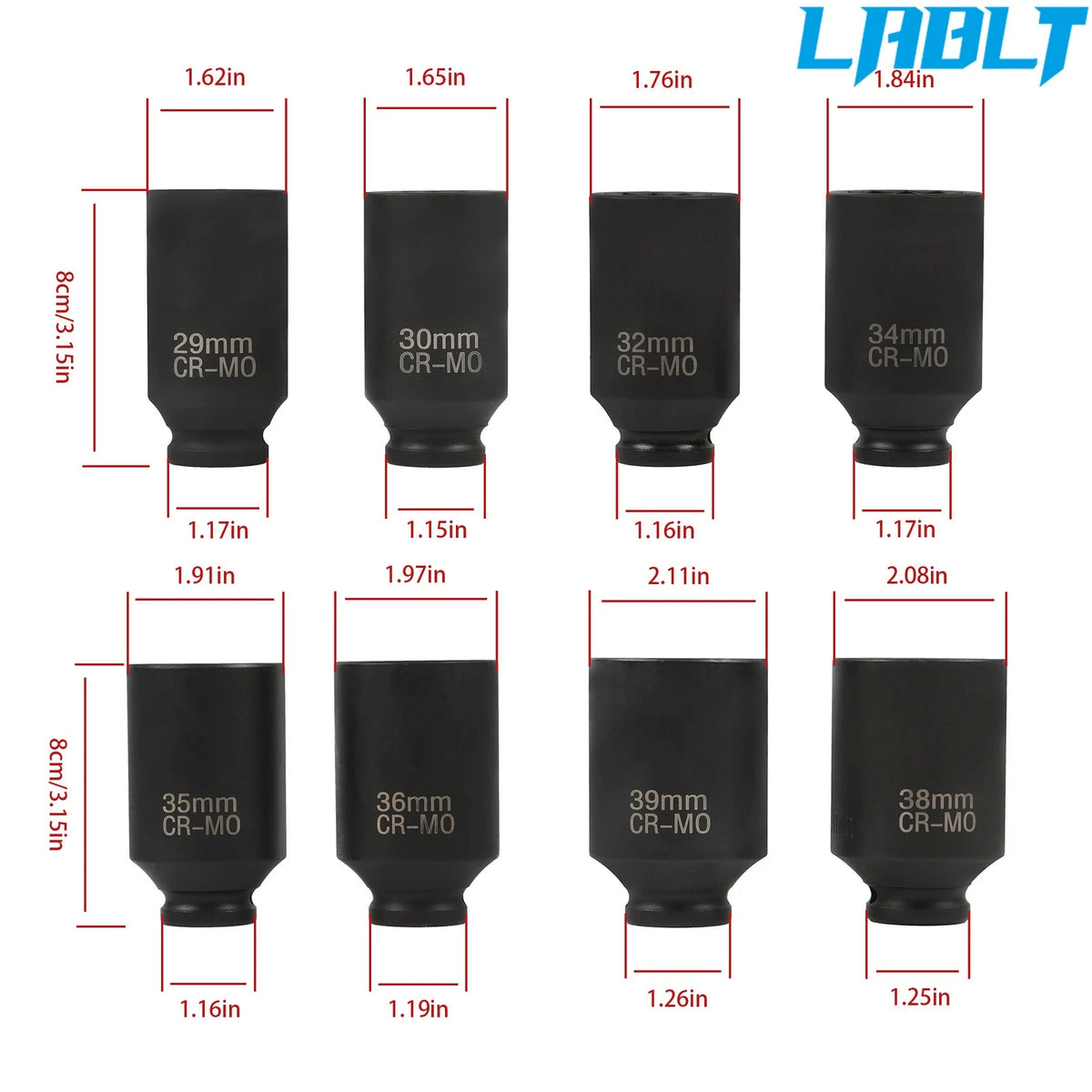 Set of 8 Deep Spindle Axle Nut Impact Sockets 29mm-39mm for 1/2'' Drive