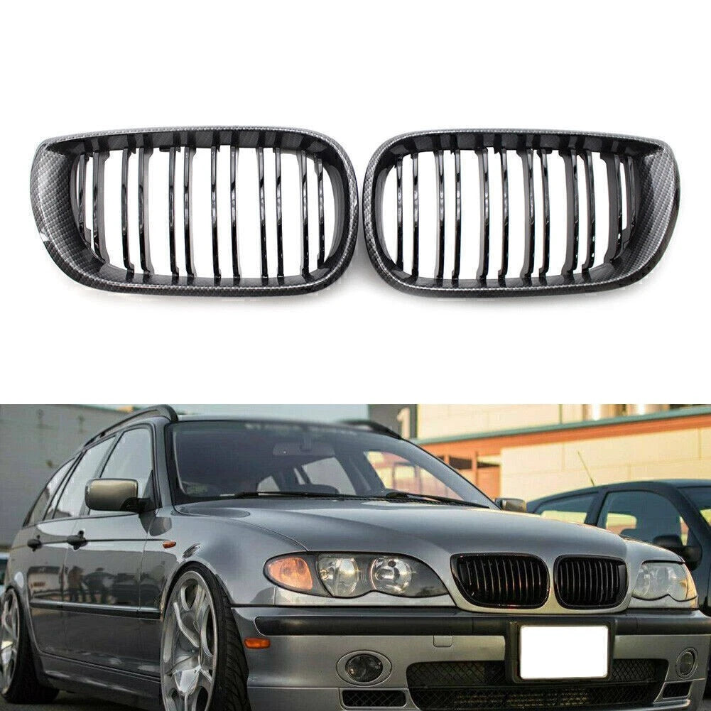 Carbon Fiber & Black Double Slat Front Kidney Grille Fit BMW E46 Sedan 2002-2005