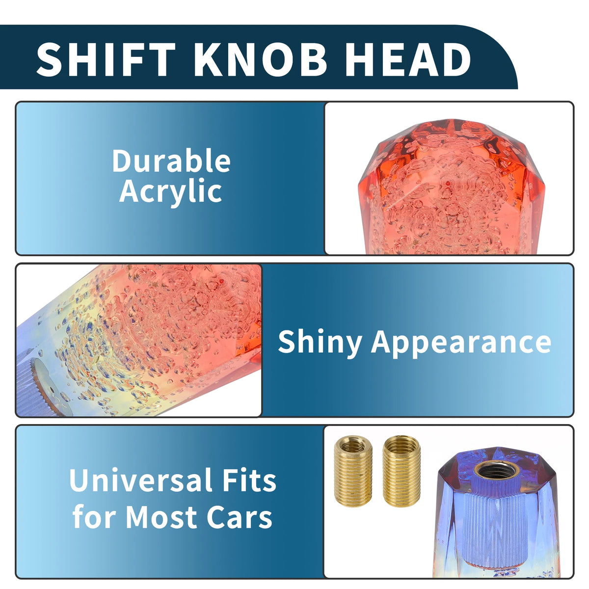 Set of 1 Shift Knob with 2 Adapters for Universal Fit (15cm, Pink Blue)