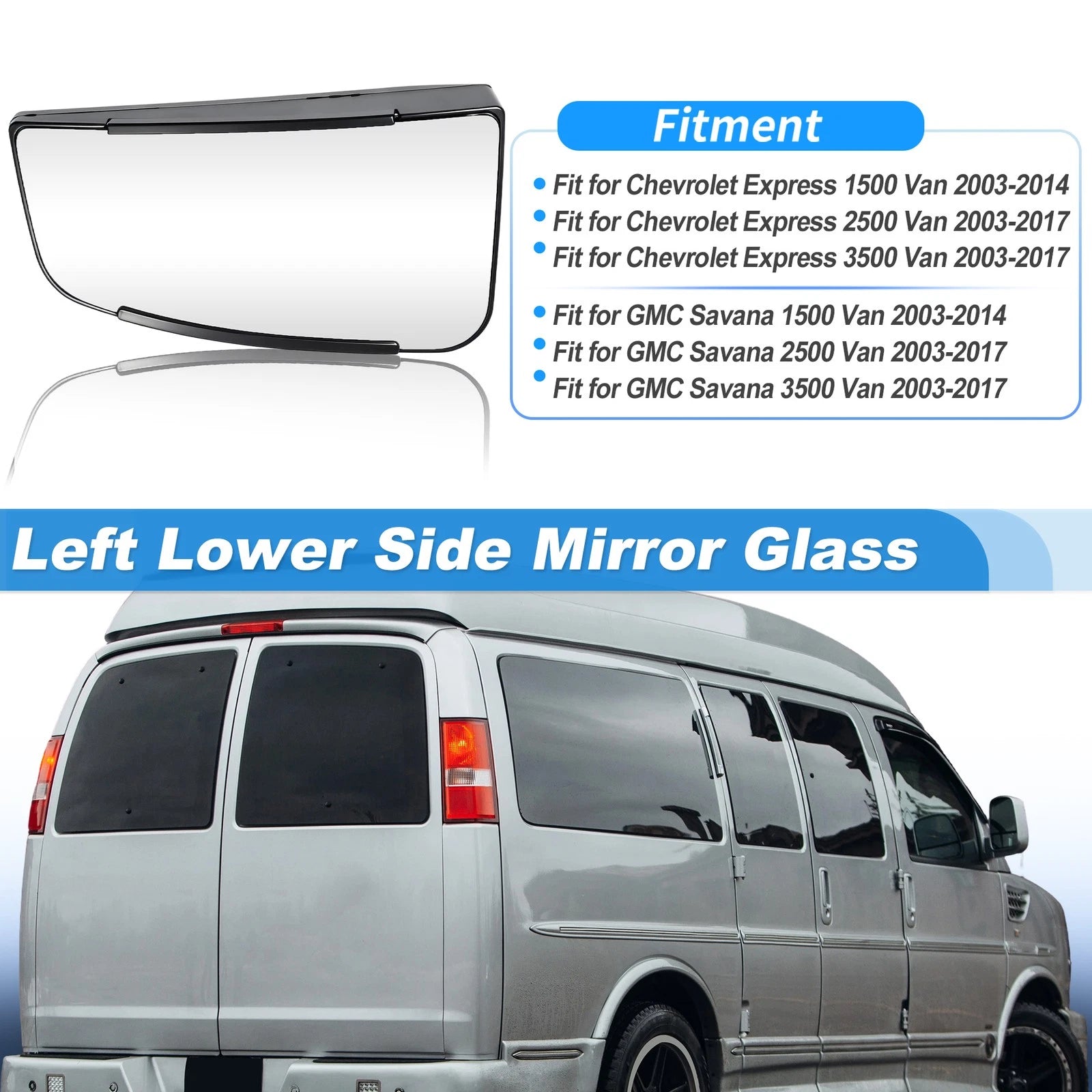 Left Lower Side View Mirror Glass Replacement for Chevrolet Express 1500 (2003–2014)