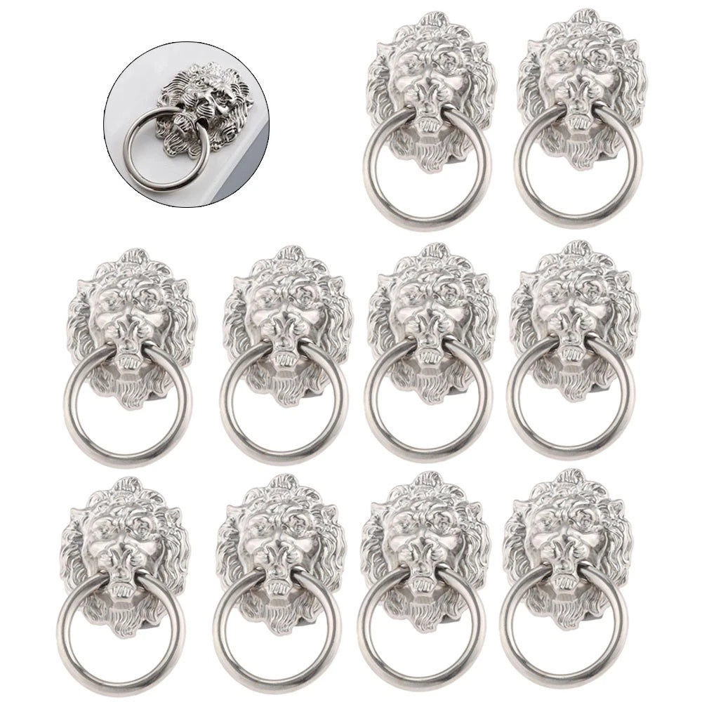 10Pcs Silver Lion Head Door Pull Handle Rings for Cabinets and Drawers