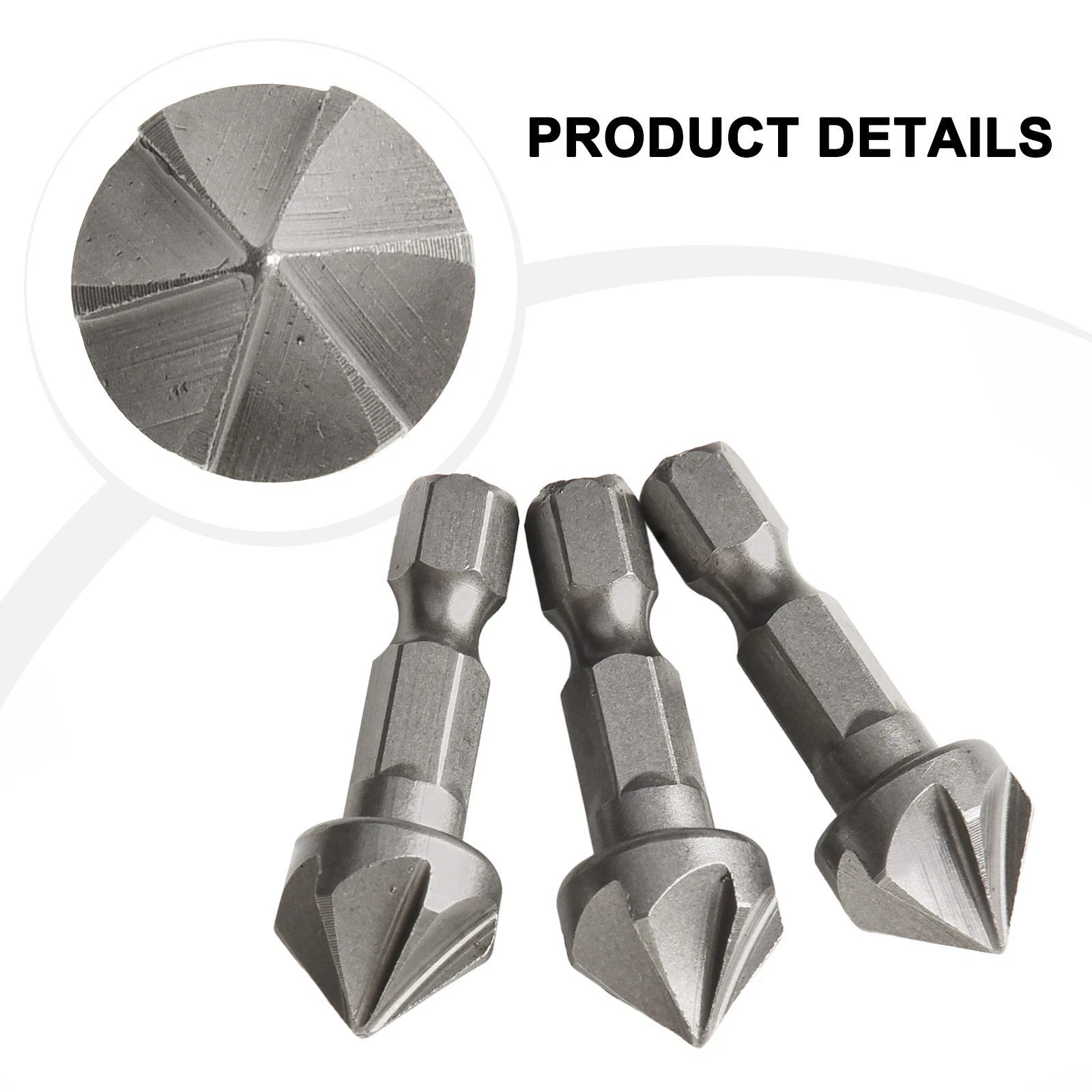 3pcs Countersink Drill Bit Set 6 Flute 6.35mm Hex Shank Burr Removal
