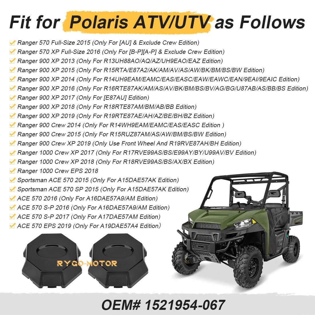 2X Wheel Rim Caps for Polaris Ranger 570 900 1000 (2013–2019)