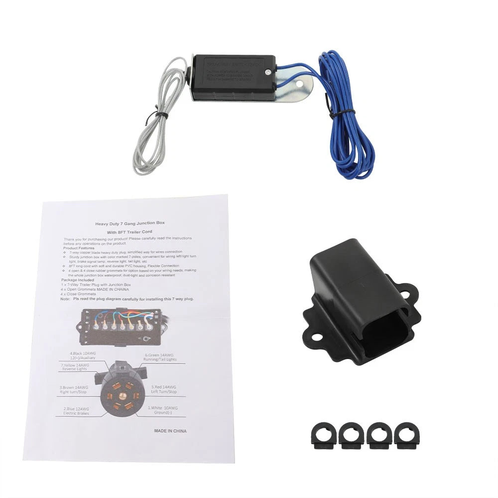 7-Way 7-Pin Trailer Cable with Junction Box & Wiring Harness Kit (16FT)