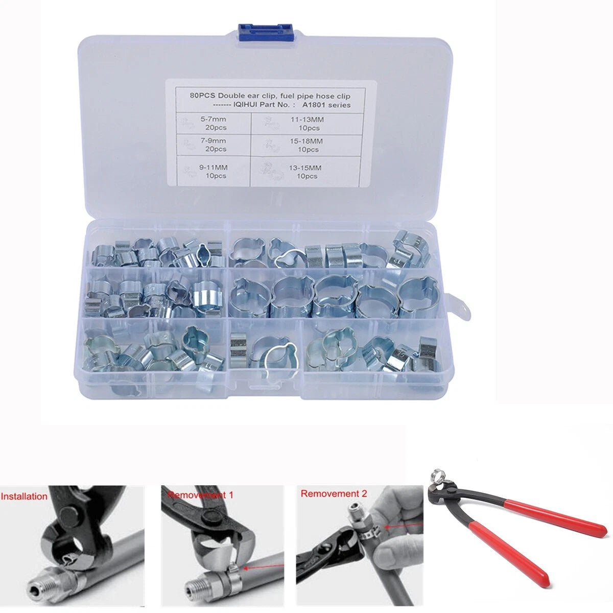 80Pcs Double Ear Hose Clips 5-18MM Zinc Plated with Clamp Pliers