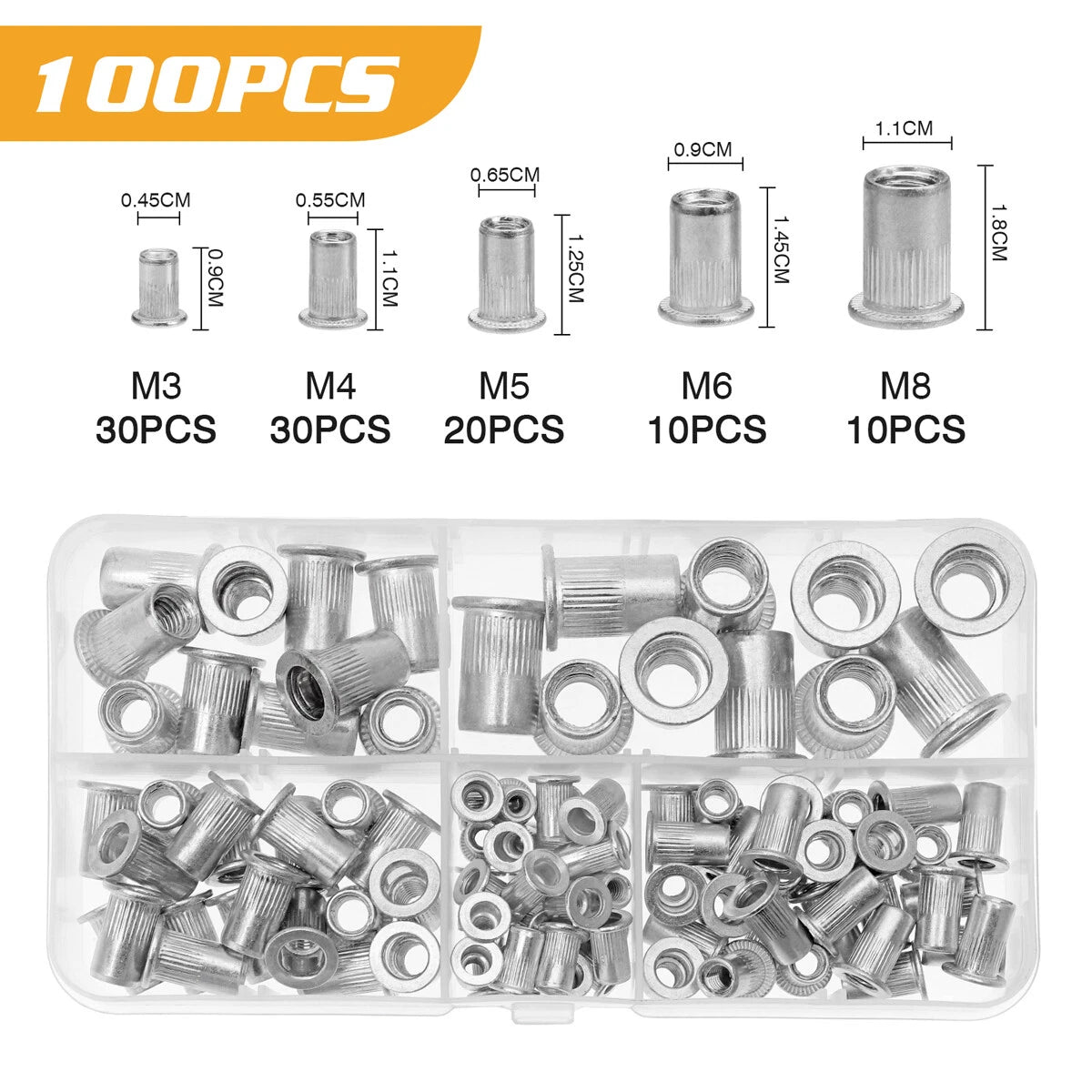 100PCS Aluminum Rivet Nut Kit M3 M4 M5 M6 M8 Nutsert Assortment