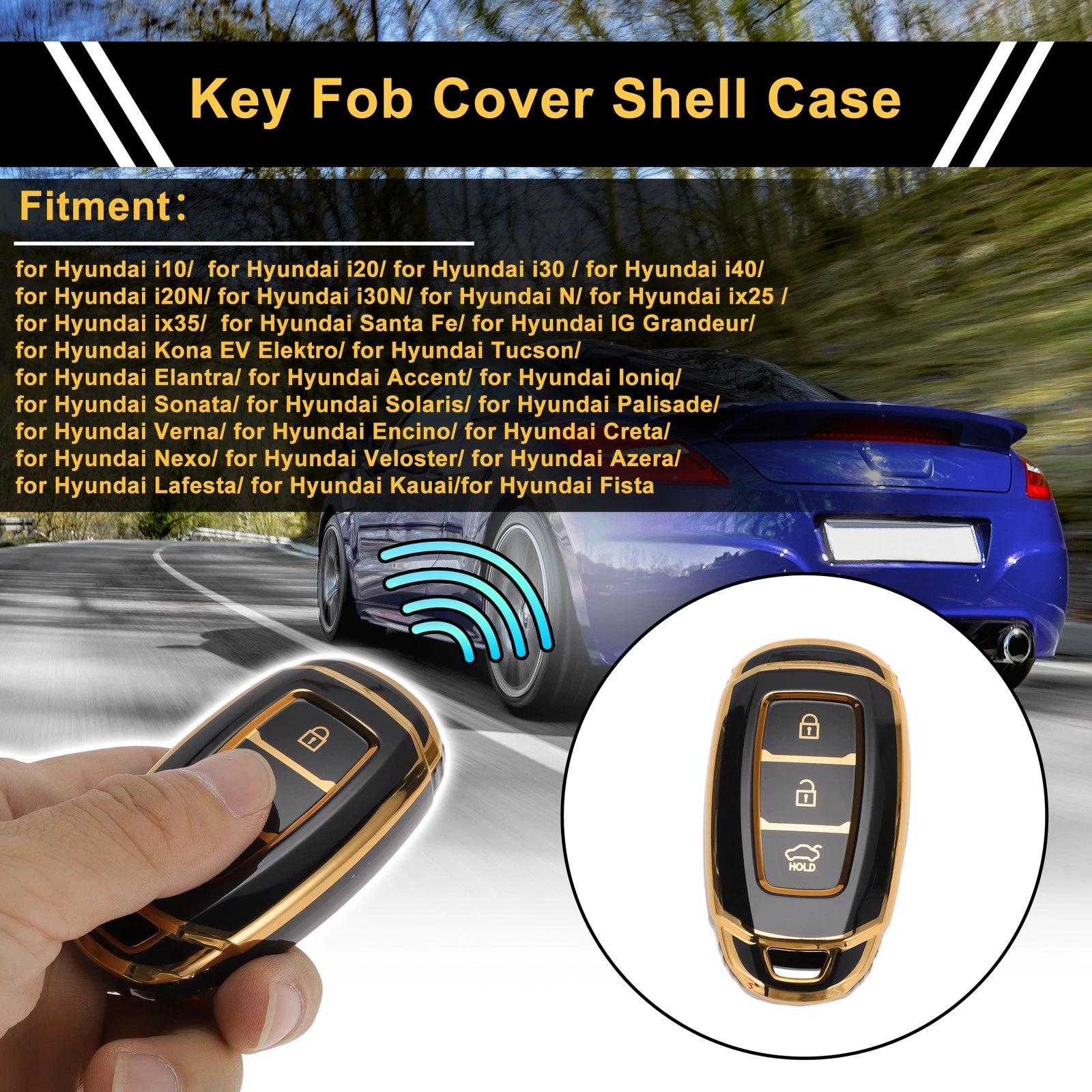Car Key Case with Key Shell Black Gold for Hyundai i10 (2014–2019)