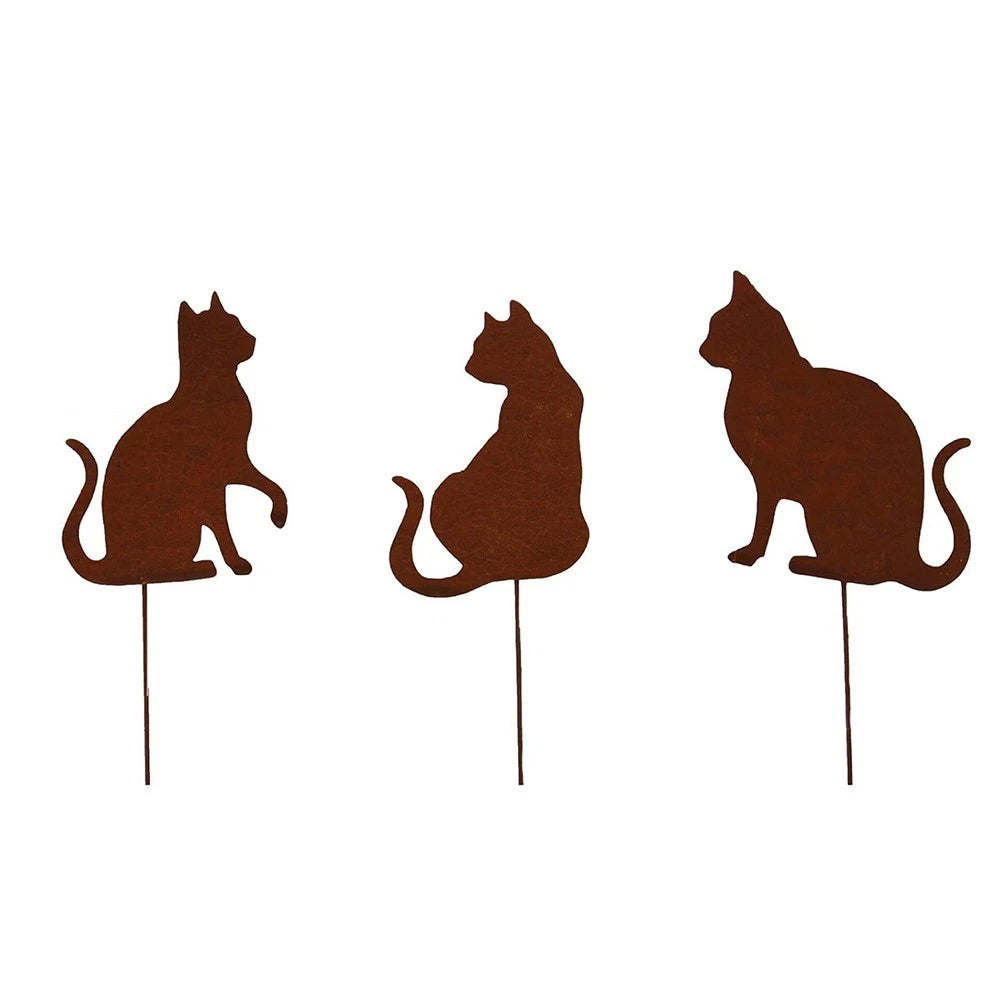 Set of 3 Rusty Cat Garden Stakes for Decoration