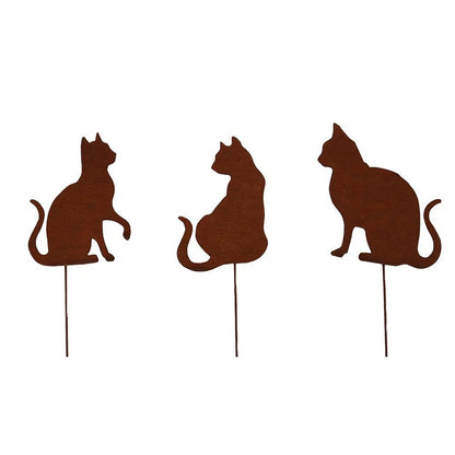 Set of 3 Rusty Cat Garden Stakes for Decoration