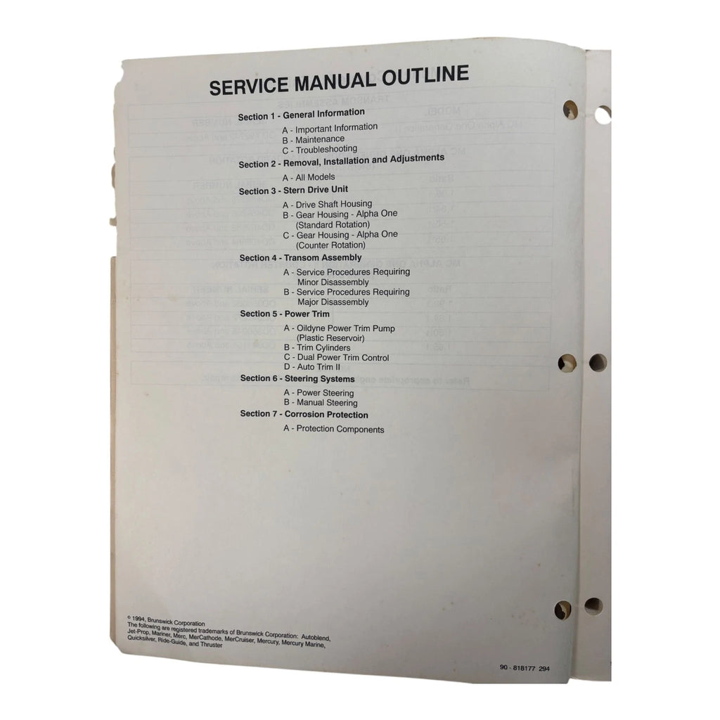 Stern Drive Unit Service Manual for MerCruiser Alpha 1 Gen 2 (1994)