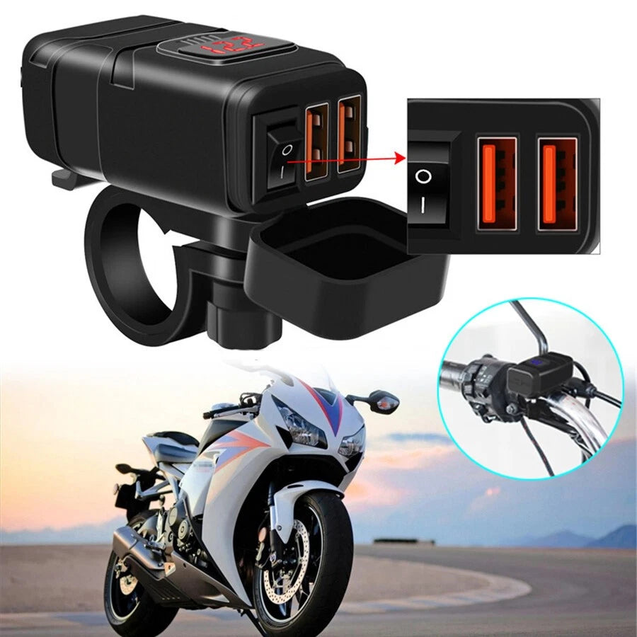 Dual USB Motorcycle Handlebar Charger QC3.0 Fast Charging DC 12V With Voltmeter