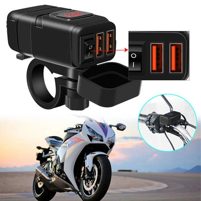 Dual USB Motorcycle Handlebar Charger QC3.0 Fast Charging DC 12V With Voltmeter