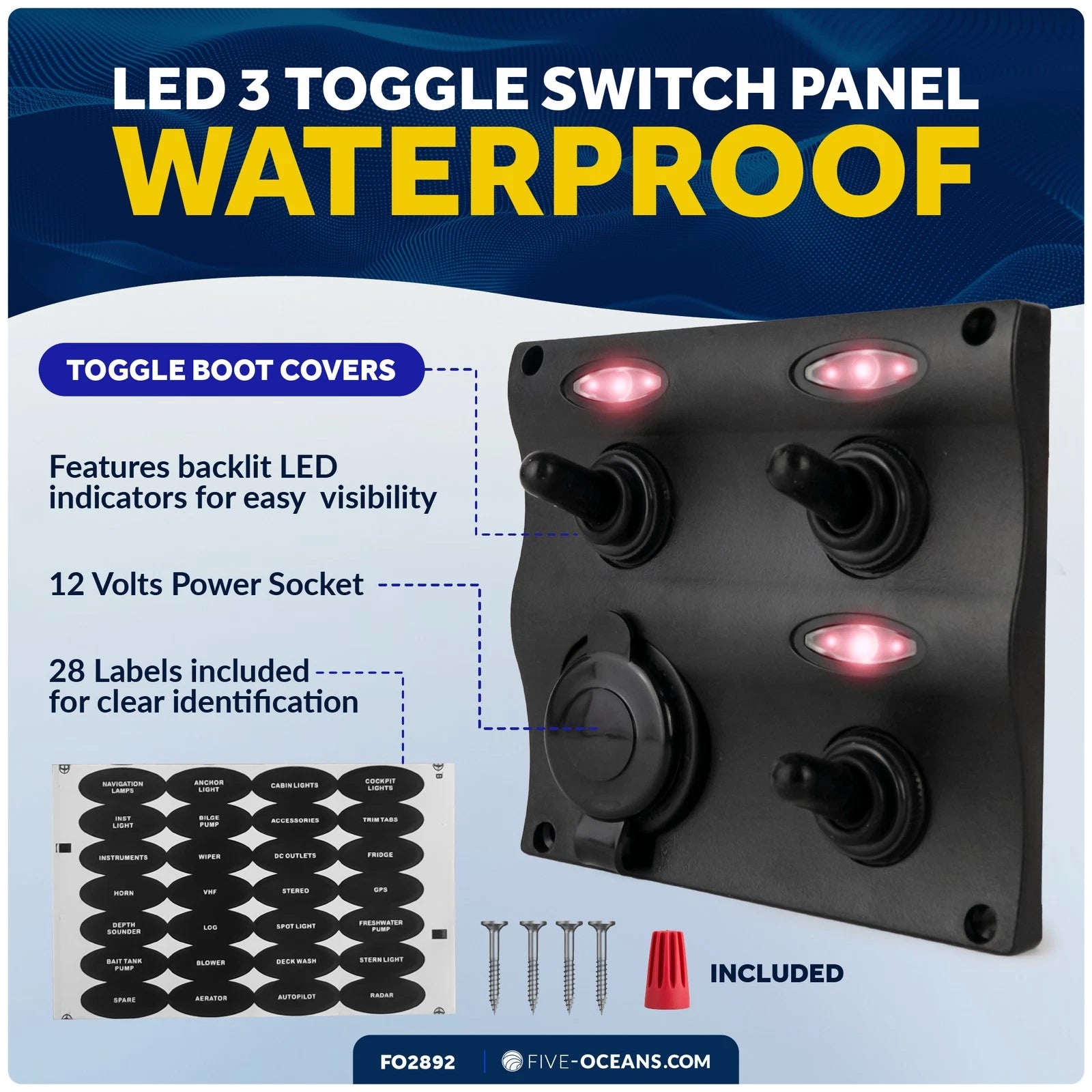3 Gang Toggle Switch Panel with Power Socket for Boat (Universal Fit)
