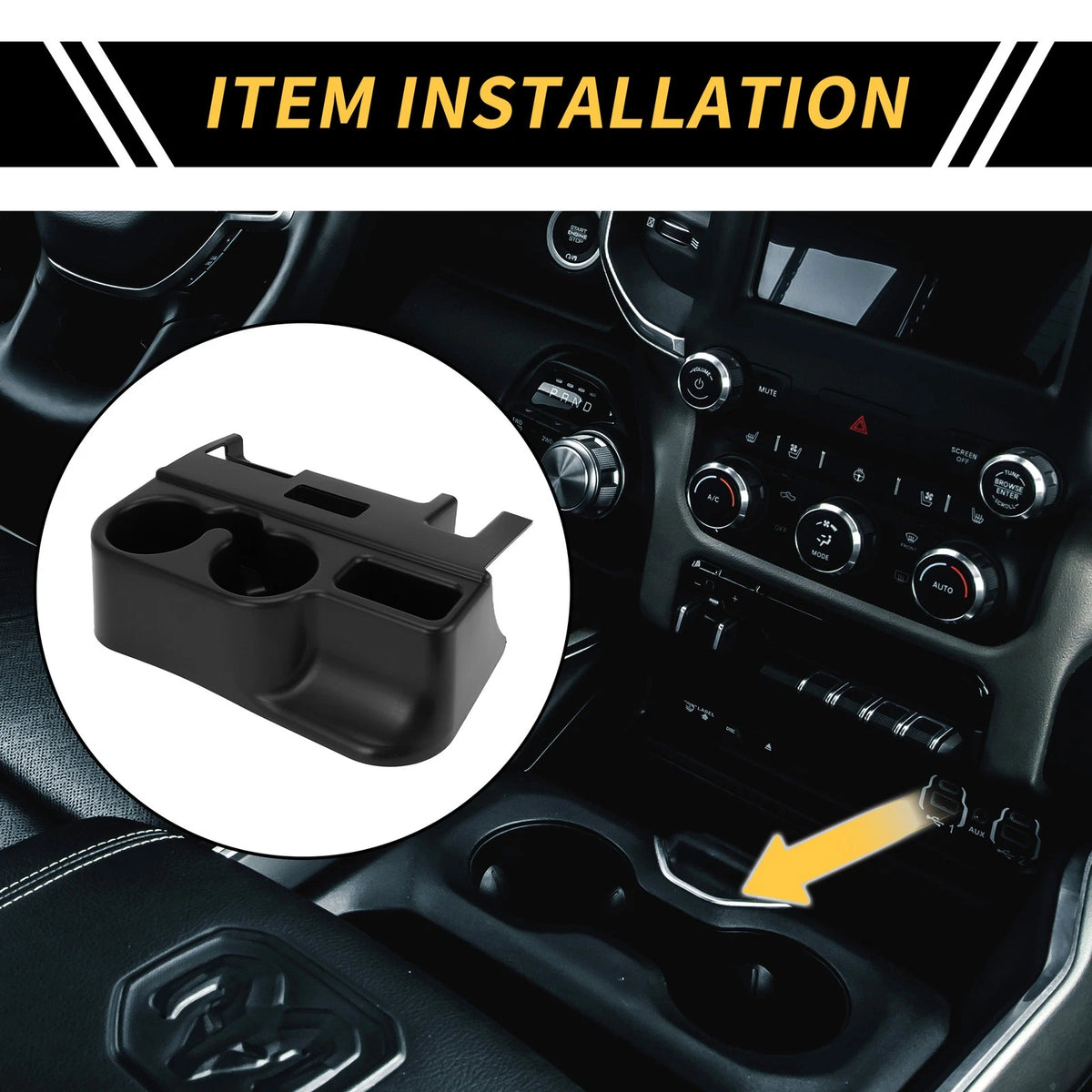 Center Console Cup Holder for Dodge Ram 1500 2500 3500 Coin Tray Black (2013–2024)