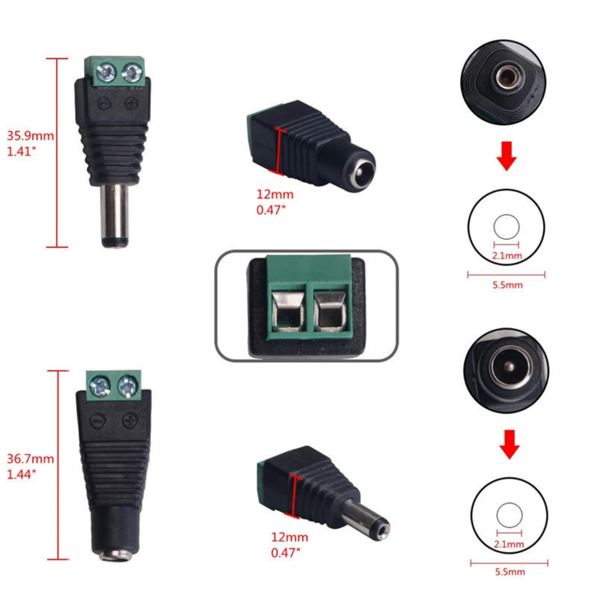 5 Pairs 5.5mm x 2.1mm DC Power Connector Jack Plug for 12V 24V Systems