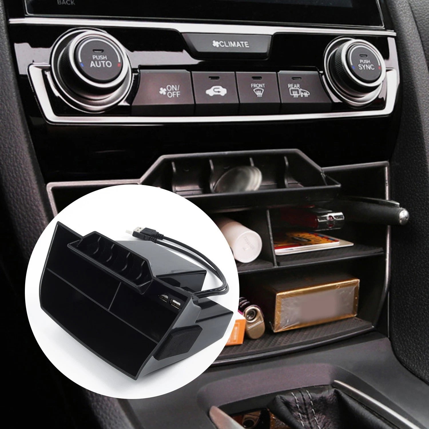 Inner Console Storage Box for Civic 10th (2016–2019) Black ABS