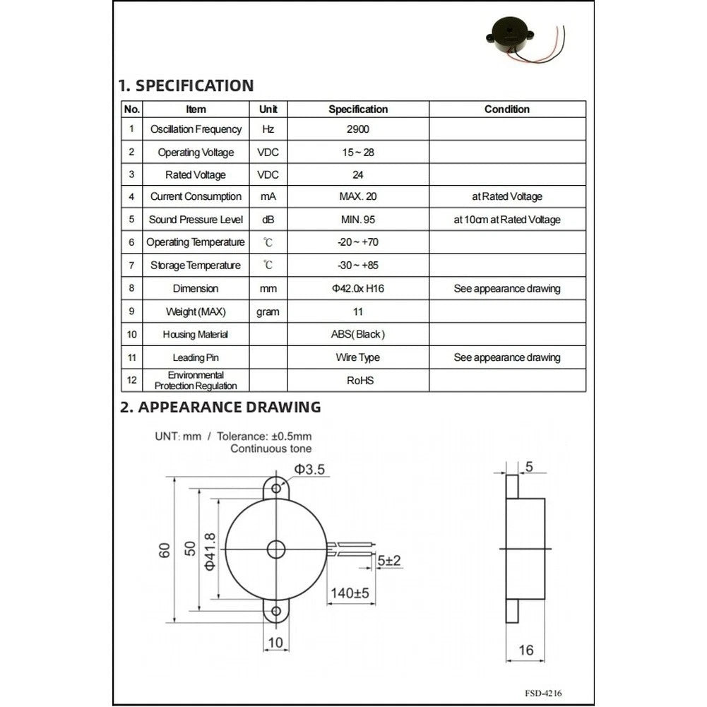 Continuous Tone Piezo Alarm 90dB for Alarm Systems