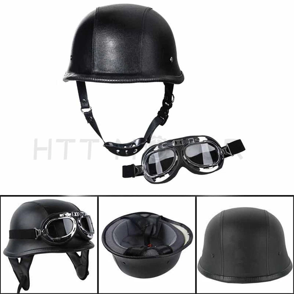 DOT German Black Leather Half Face Helmet for Motorcycle (M)