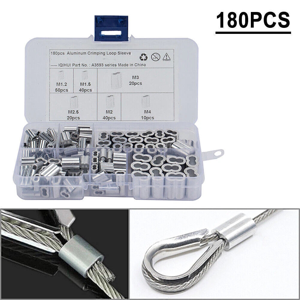 180 Pcs Ferrule Crimping Loop Sleeve Assortment Kit for Wire Rope Cable