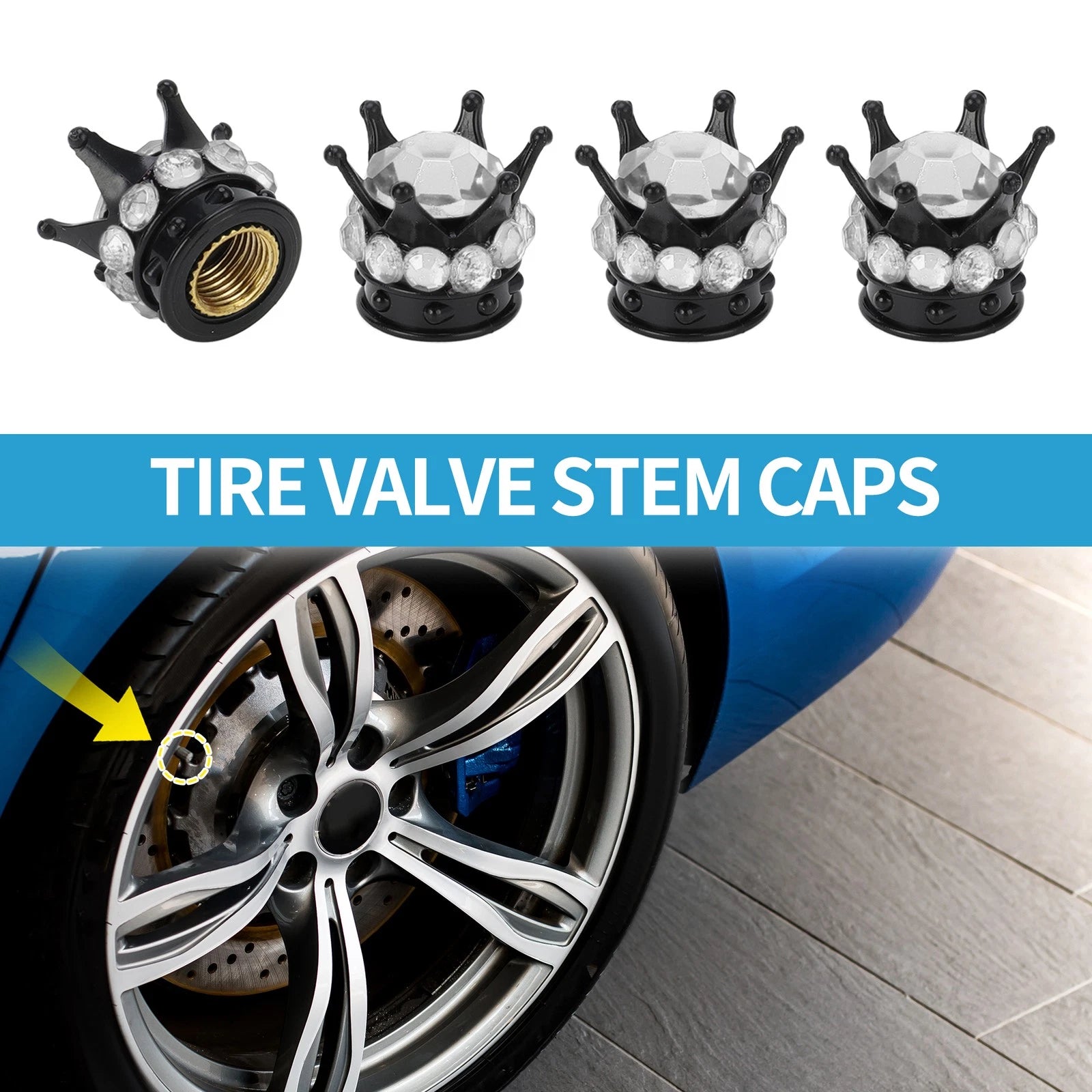Tire Valve Stem Caps Replacement Set for Car SUV Bike Black Silver (4pcs)