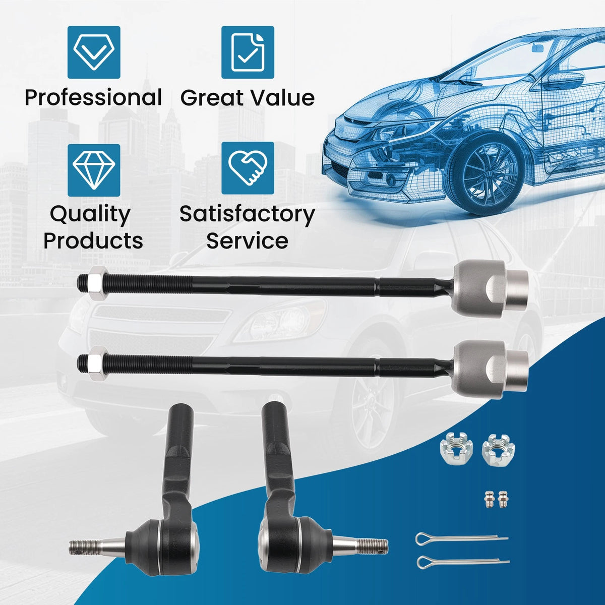 Set of 2 Front Inner Outer Tie Rod Ends for Chevy Malibu (2004–2012) Pontiac G6 (2005–2010)