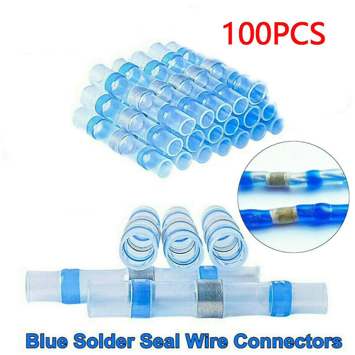 100x Blue Heat Shrink Butt Wire Connectors for Electric Applications