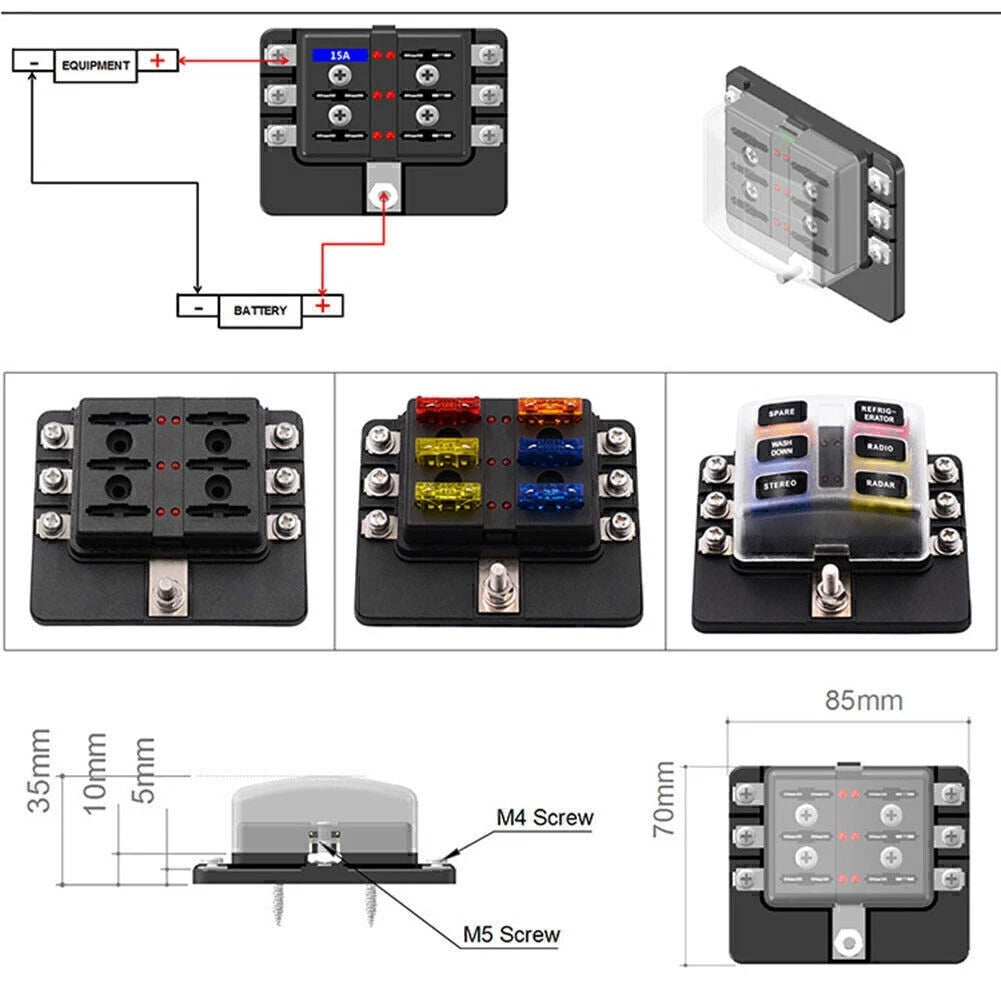 6-Way Blade Fuse Box with LED Indicator for Universal Applications (Car/Marine)