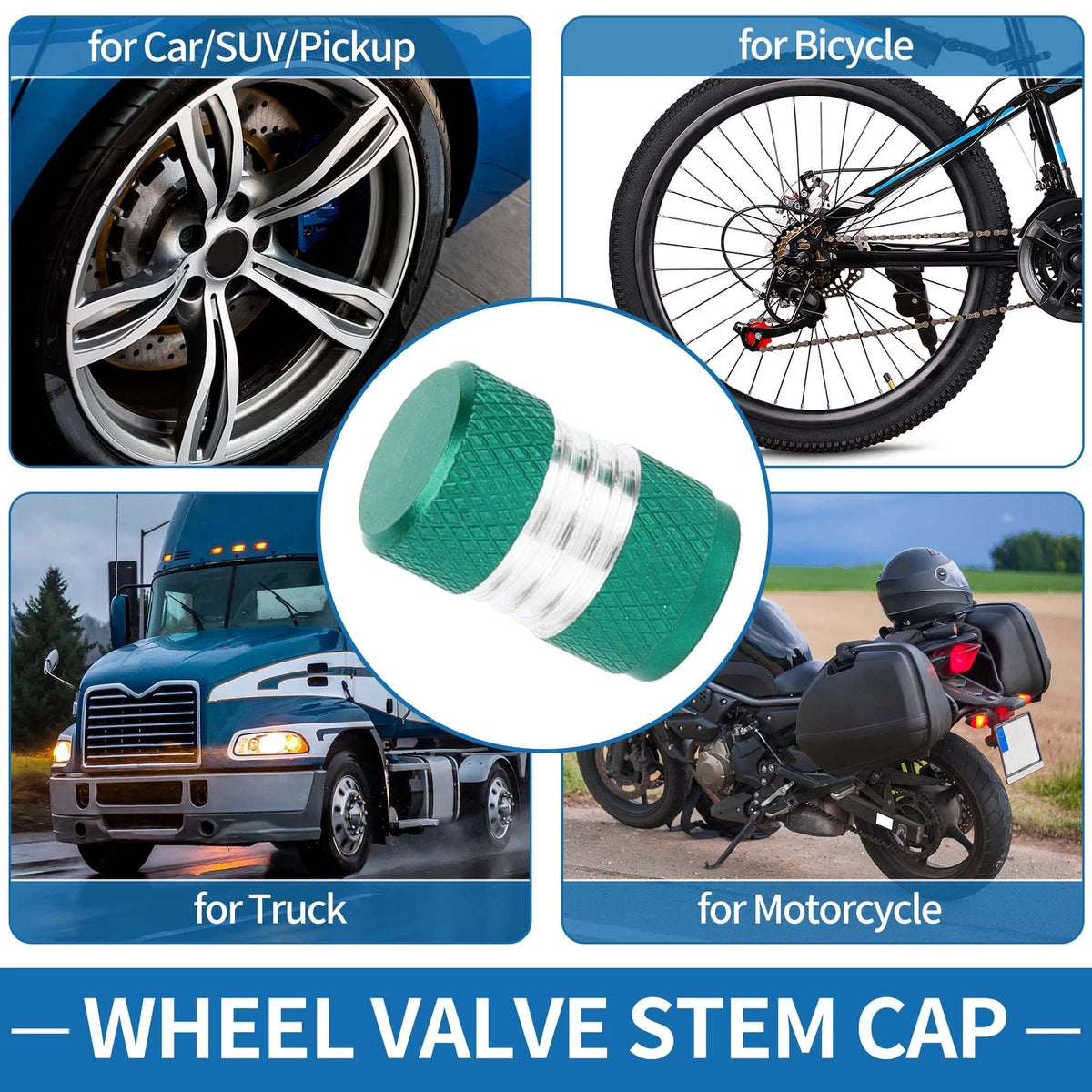 Tire Valve Stem Caps Replacement Green 10x16mm for Car SUV RV Bike (8pcs)