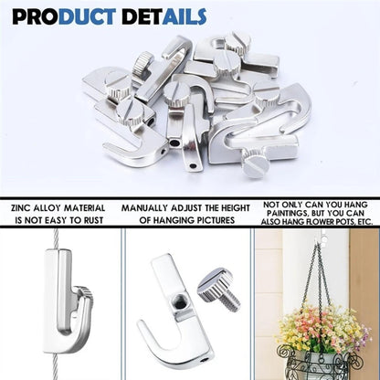 10 Silver Picture Hooks for Gallery Rails Wall Mounted (Adjustable Height)