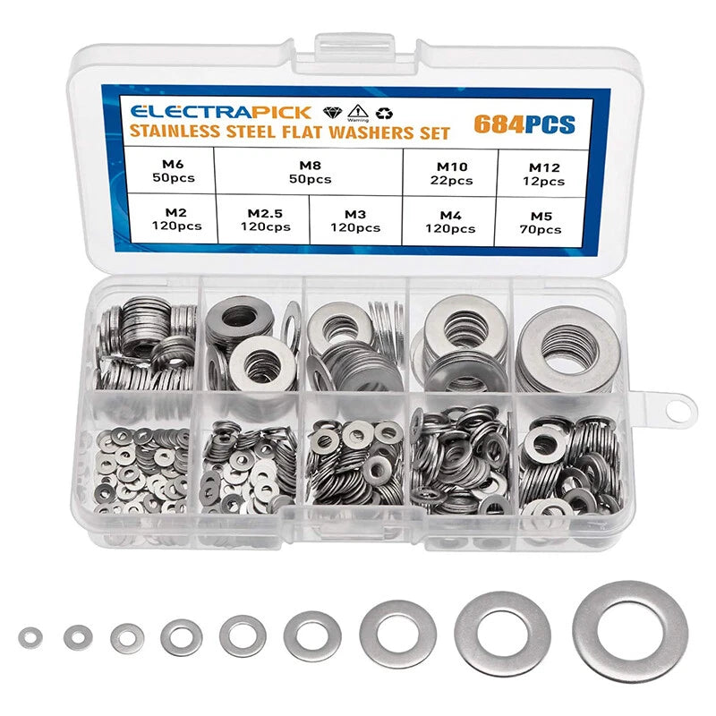 684 Pcs M2-M12 Flat Washers Pad Stainless Steel Assortment Lock Kit