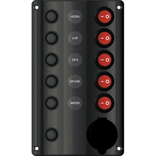 5 Gang LED Switch Panel with Circuit Breakers & Cigarette Socket for