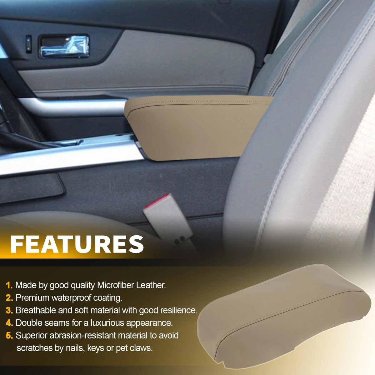 Leather Center Console Lid Armrest Cover for Ford Edge (2011–2014) Beige