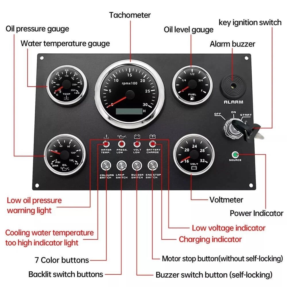 5 Gauge Set with Instrument Panel & Harness 0-3000RPM for Marine Boat Yacht