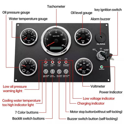 5 Gauge Set with Instrument Panel & Harness 0-3000RPM for Marine Boat Yacht