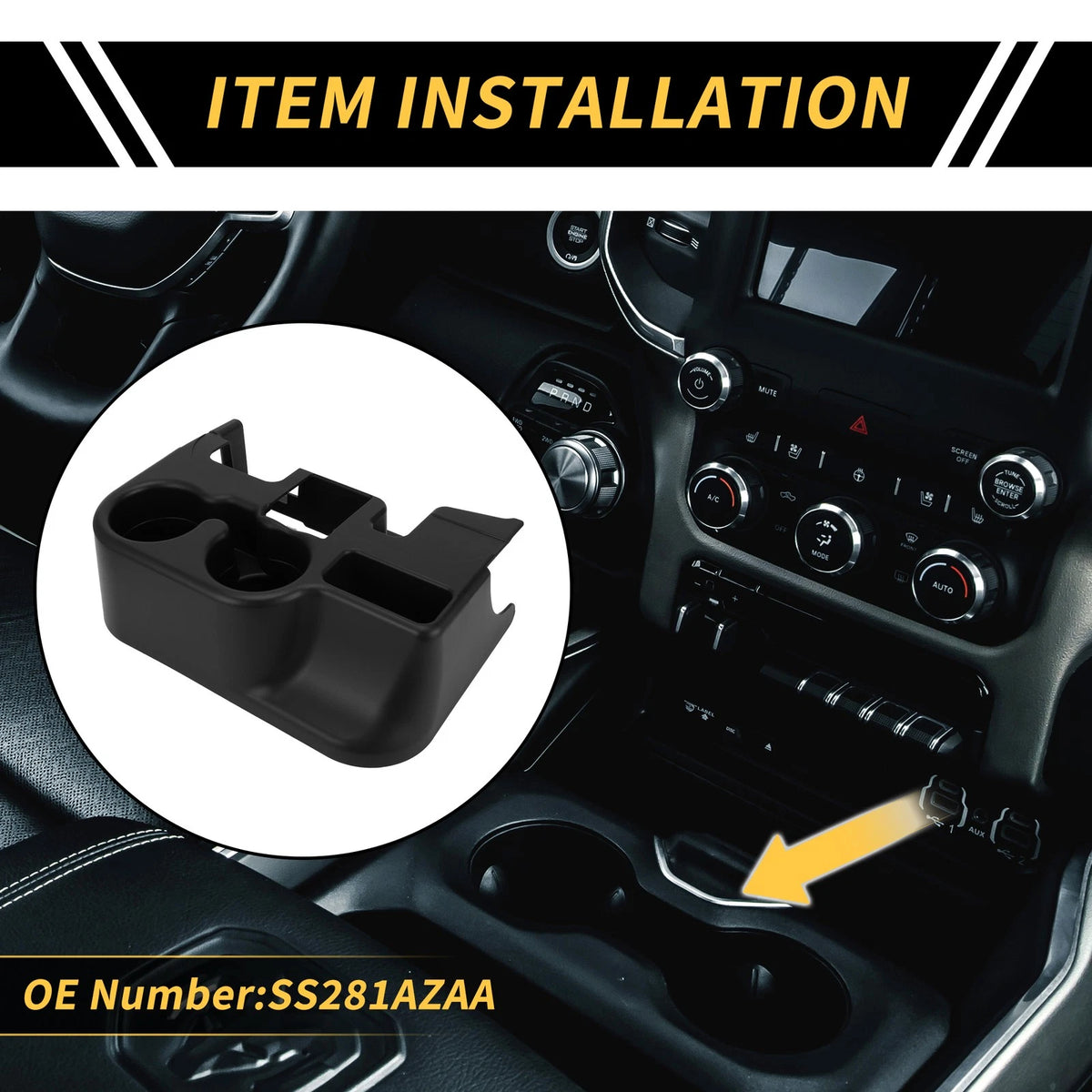 Center Console Cup Holder Insert for Ram 1500 2500 3500 (No.SS281AZAA) Black