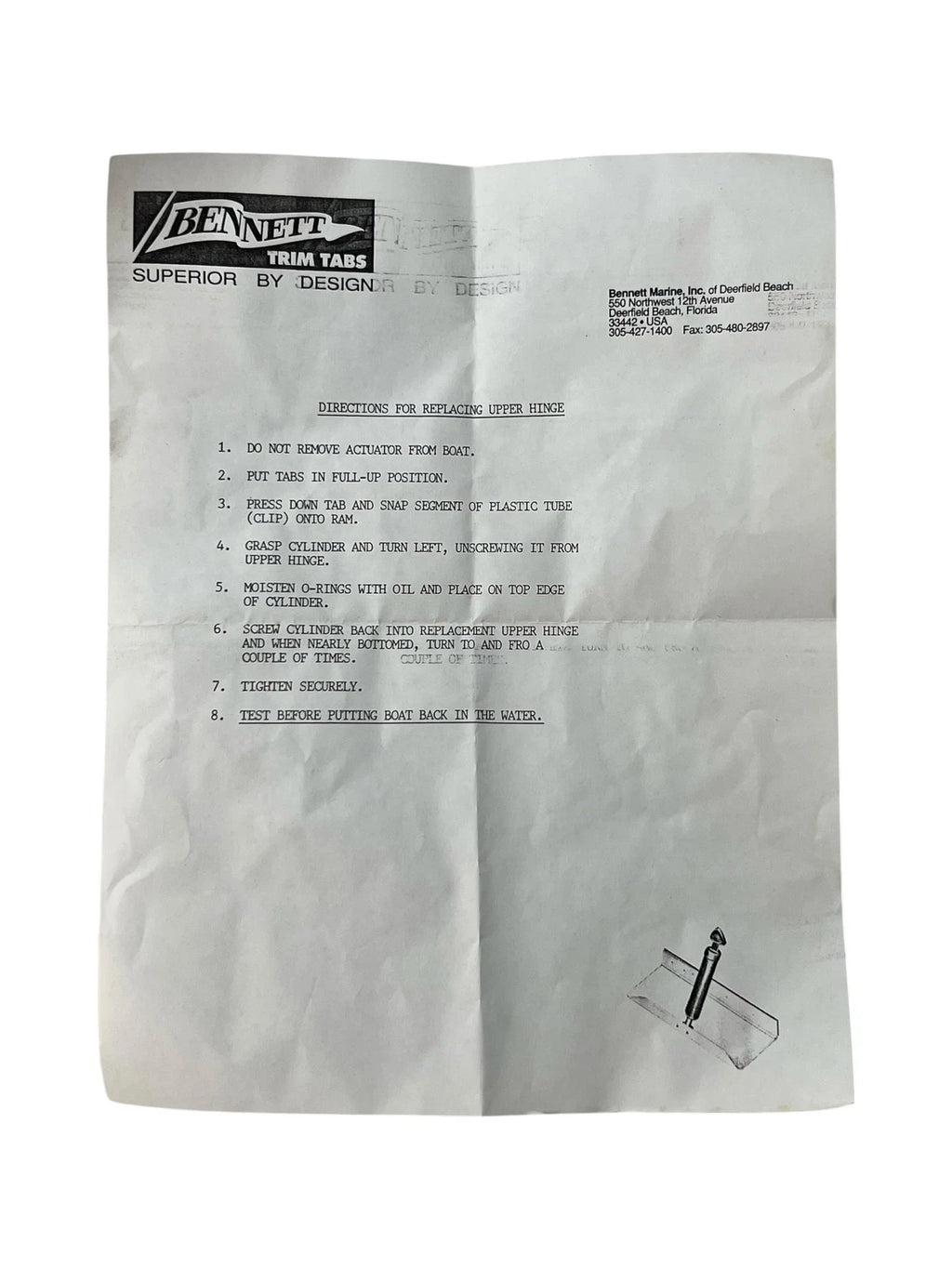 Upper Hinge Actuator Replacement for Bennett Marine A1103 (OEM)