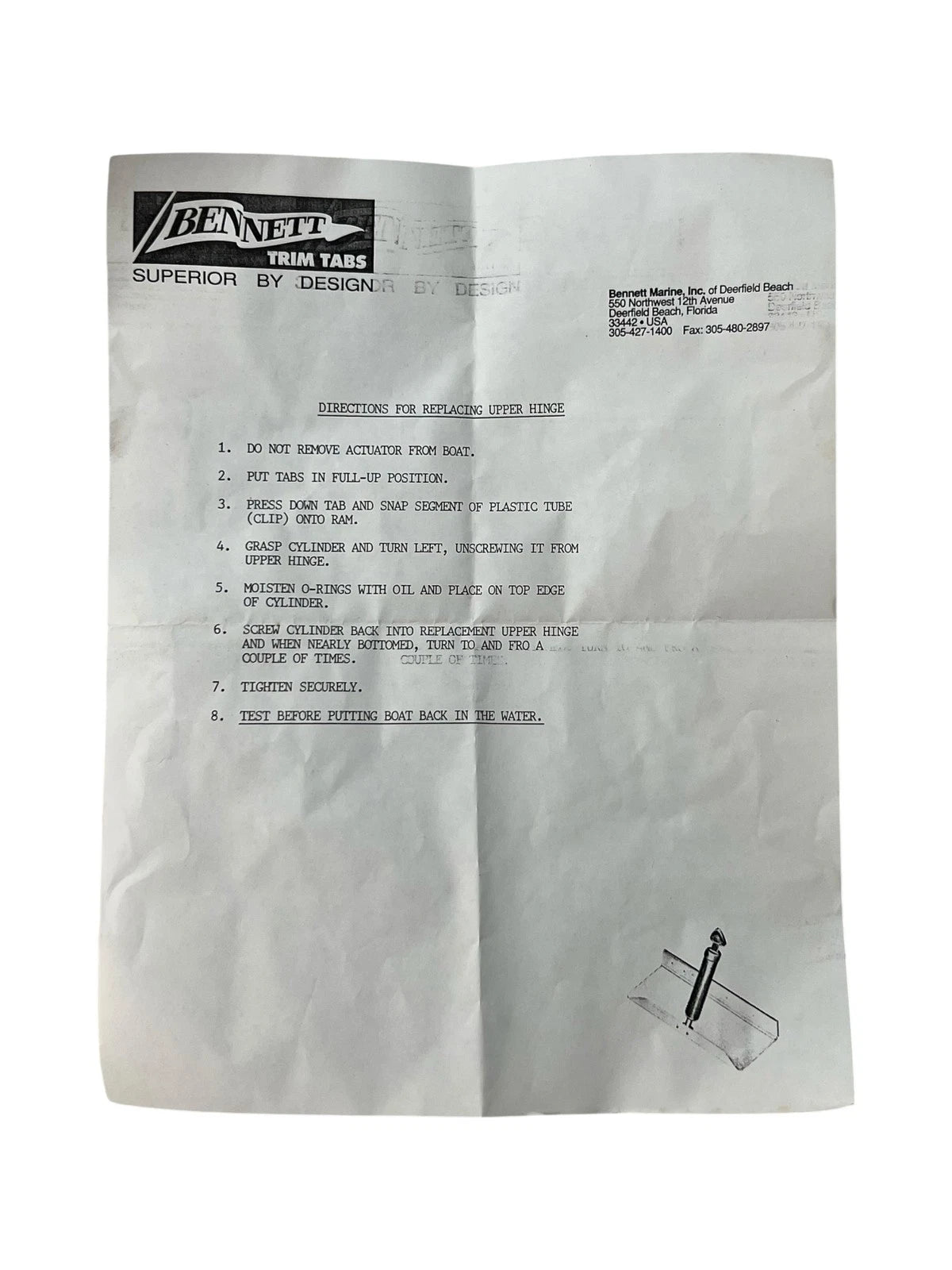 Upper Hinge Actuator Replacement for Bennett Marine A1103 (OEM)